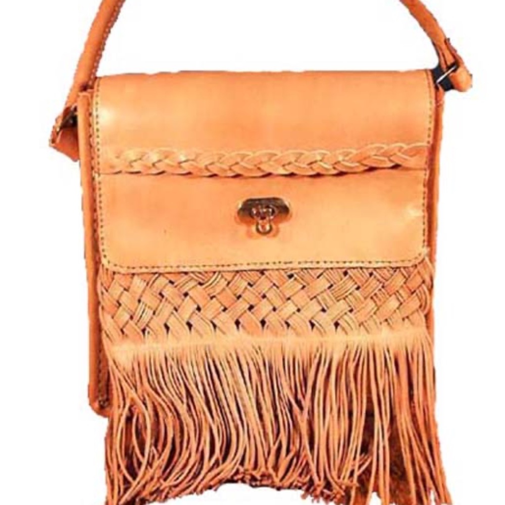 SHOULDER BAG, LEATHER, HANDMADE WITH HAND CUT FRINGE & HIDDEN-END BRAID, 9 ¼ x 9